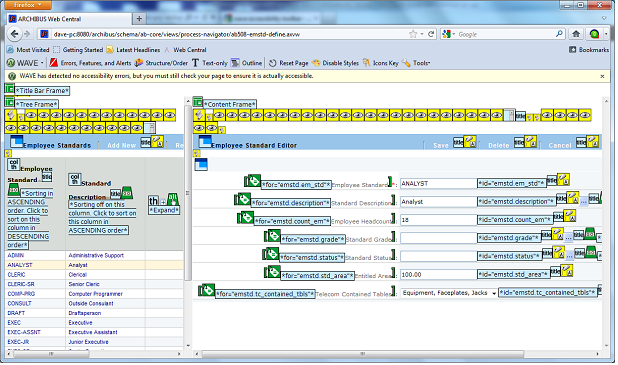 WAVE Analysis example for Define Employees Standards Console view.