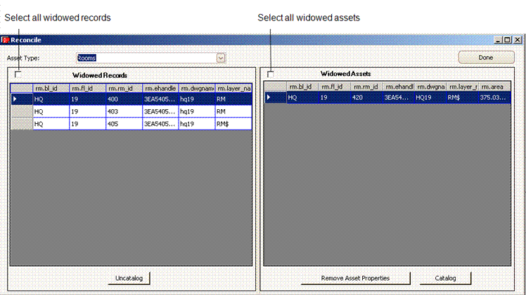 Reconcile dialog showing widowed assets and widowed records
