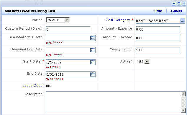 Screen shot showing the Add Recurring Cost data.