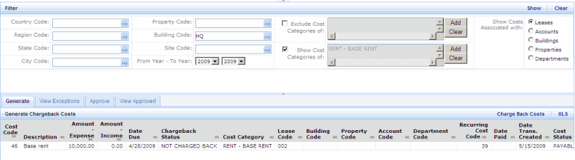 screen shot of the chargeback Cost Wizard showing Base Rent costs ready to be charged back