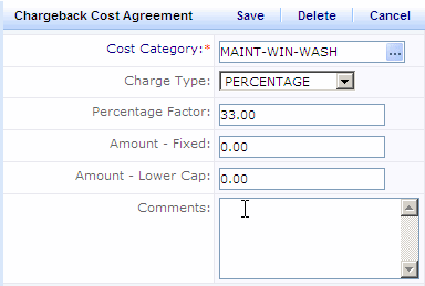 screen shot showing the Chargeback Cost Agreement screen for the Win-Wash lease chargeback agreement