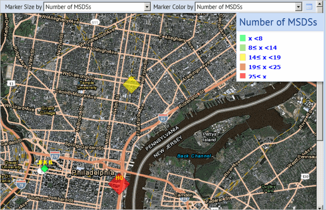 Map view showing markers that are color coded and sized to show the number of MSDS they represents.