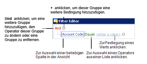 Filtereditor mit Links zur Erstellung einer Bedingung oder Bedingungsgruppe