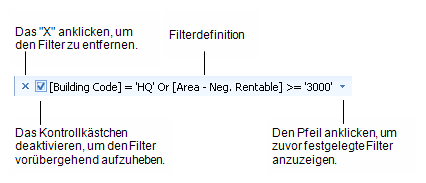 Filterdefinition am unteren Rand der Tabelle mit Anmerkungen, die auf das "X" zum Entfernen des Filters und auf das Kontrollkästchen zum vorübergehenden Entfernen hinweisen