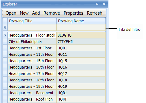 La Lista de dibujos mostrada en el panel del Explorador de la extensión Smart Client CAD.