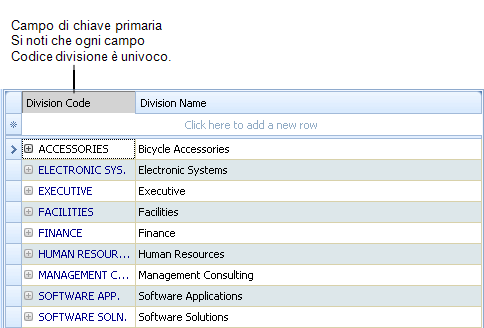 visualizzazione griglia con l'indicazione del campo di chiave primaria