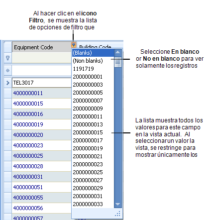 ejemplo de opciones del menú del icono Filtro