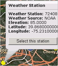 screen shot showing the weather stations popup with the Select Station button.