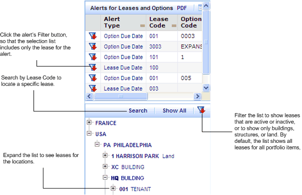 Screen shot showing the Alerts section and the selection list on the Lease Portfolio Dashboard