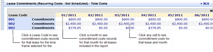Screen shot showing the Lease Commitment Costs Report