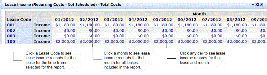 screen shot showing the Lease Income by Month report