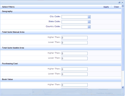 Screen shot of the selected filters pop-up window