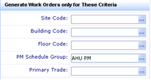 screen shot of the screen to specify criteria for generting work orders