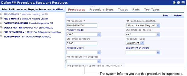 screen shot showing a procedure that is suppressed