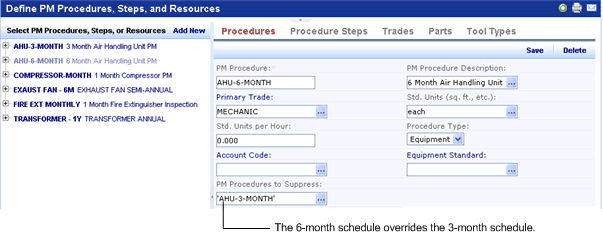 screen shot of Preventive Maintenence schedule showing suppressed procedures