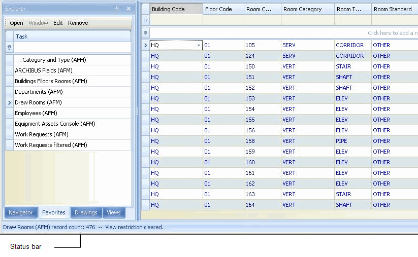 filter definition at the bottom of the grid showing the record count and a confirmation message that the user has cleared the  view restriction
