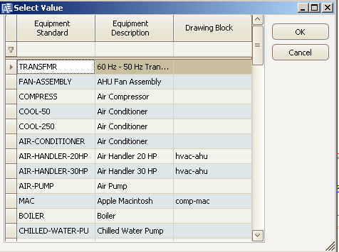 Select Value dialog box for Equipment Standards