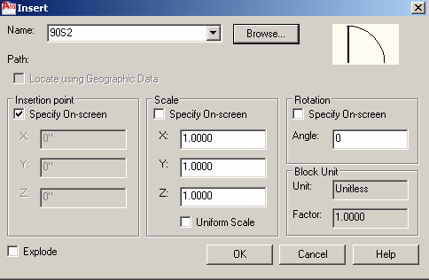 screen shot showing the Insert dialog used when inserting blocks into a drawing